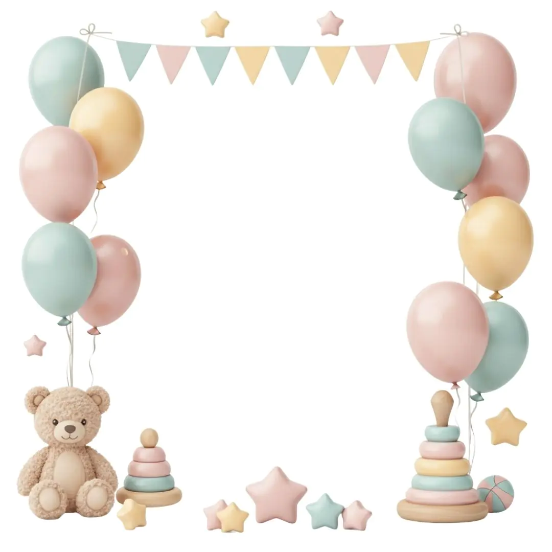 Pastel Balloon Birthday Frame with Toys PNG