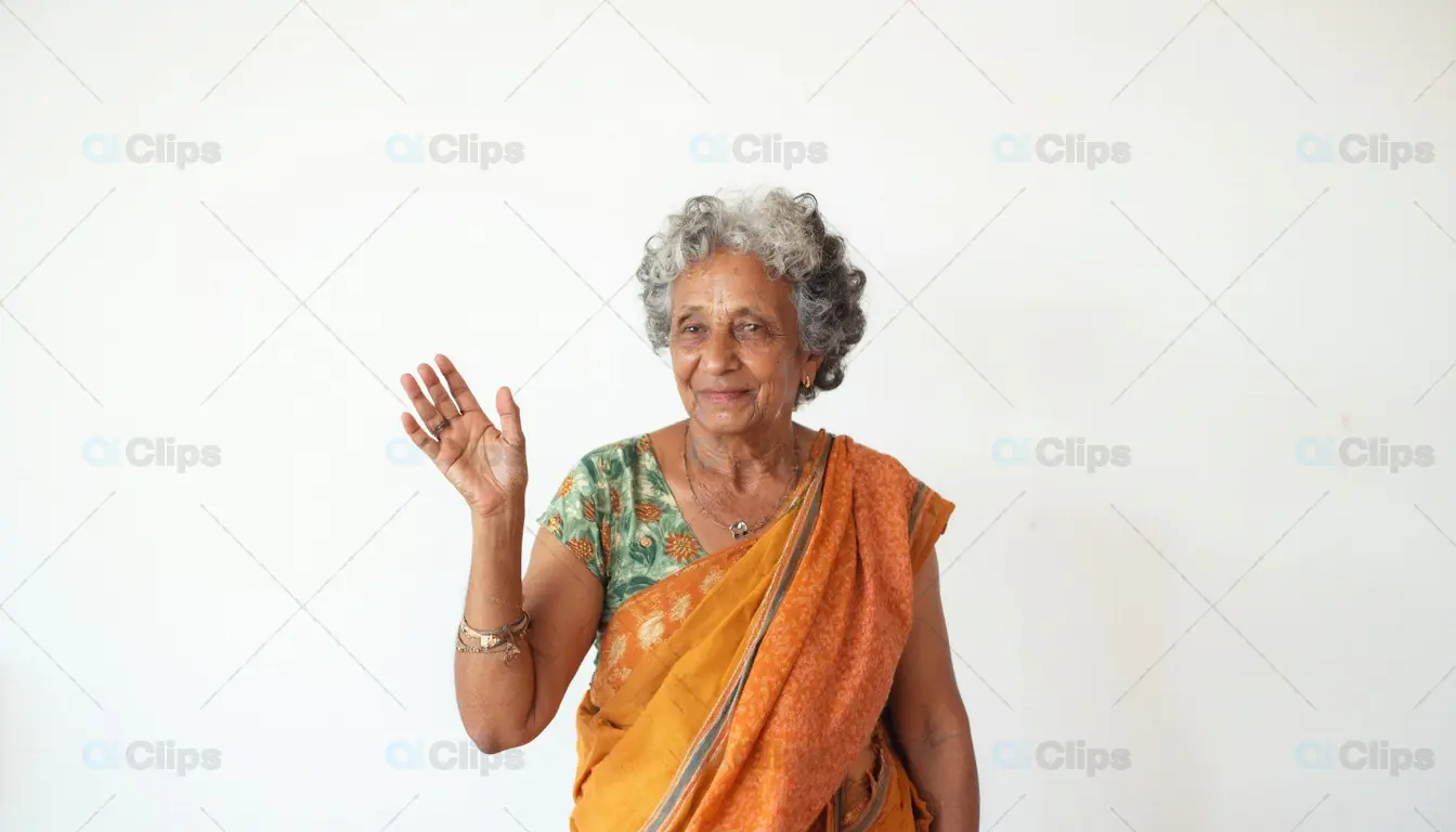 Elderly Woman Waving in Traditional Sari