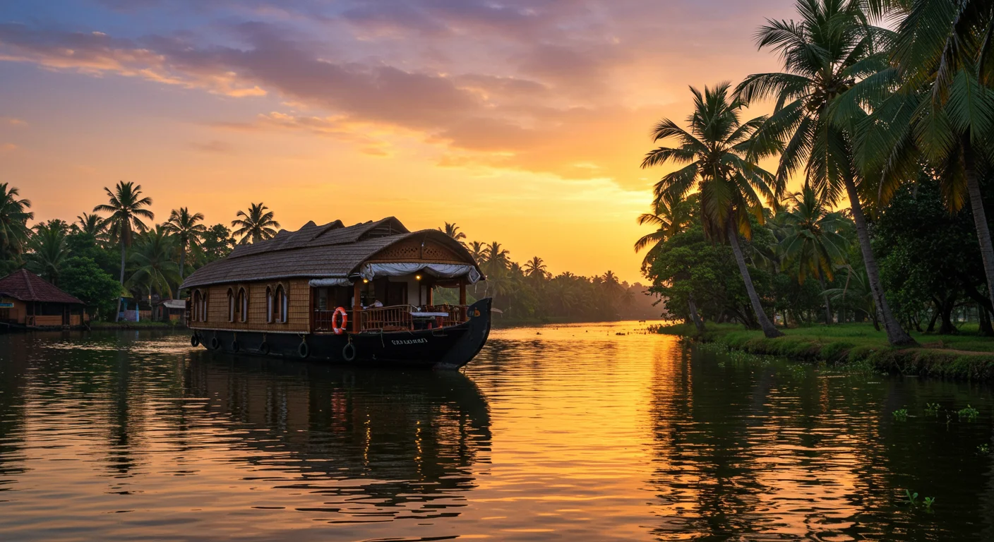 Traditional Houseboat on Kerala Backwaters at Sunset
