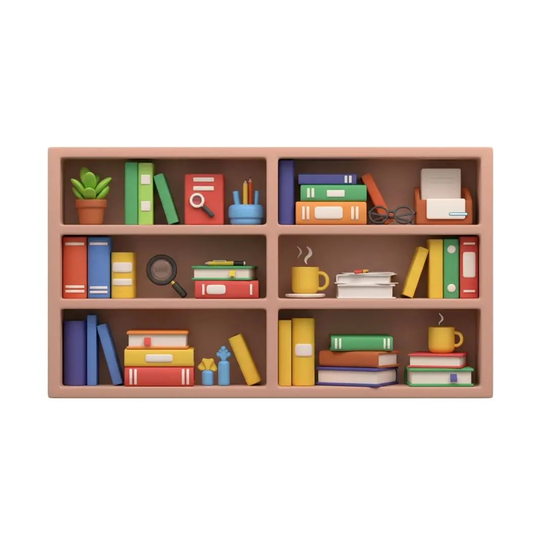 Colorful bookshelf with office supplies and decorative items