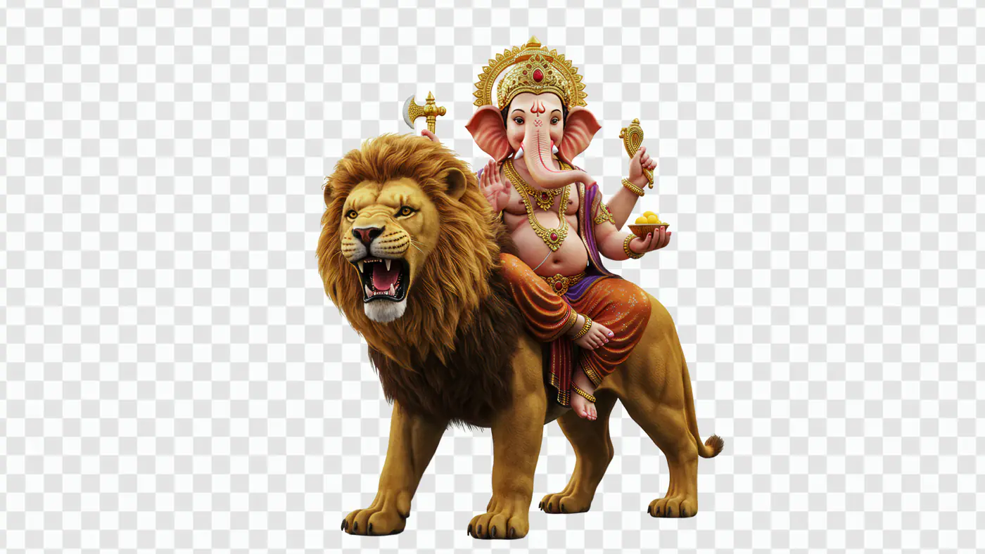 Ganesha Riding Majestic Lion Deity PNG Clipart