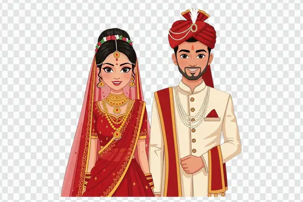 Traditional Indian Bride and Groom Wedding Illustration Clipart PNG