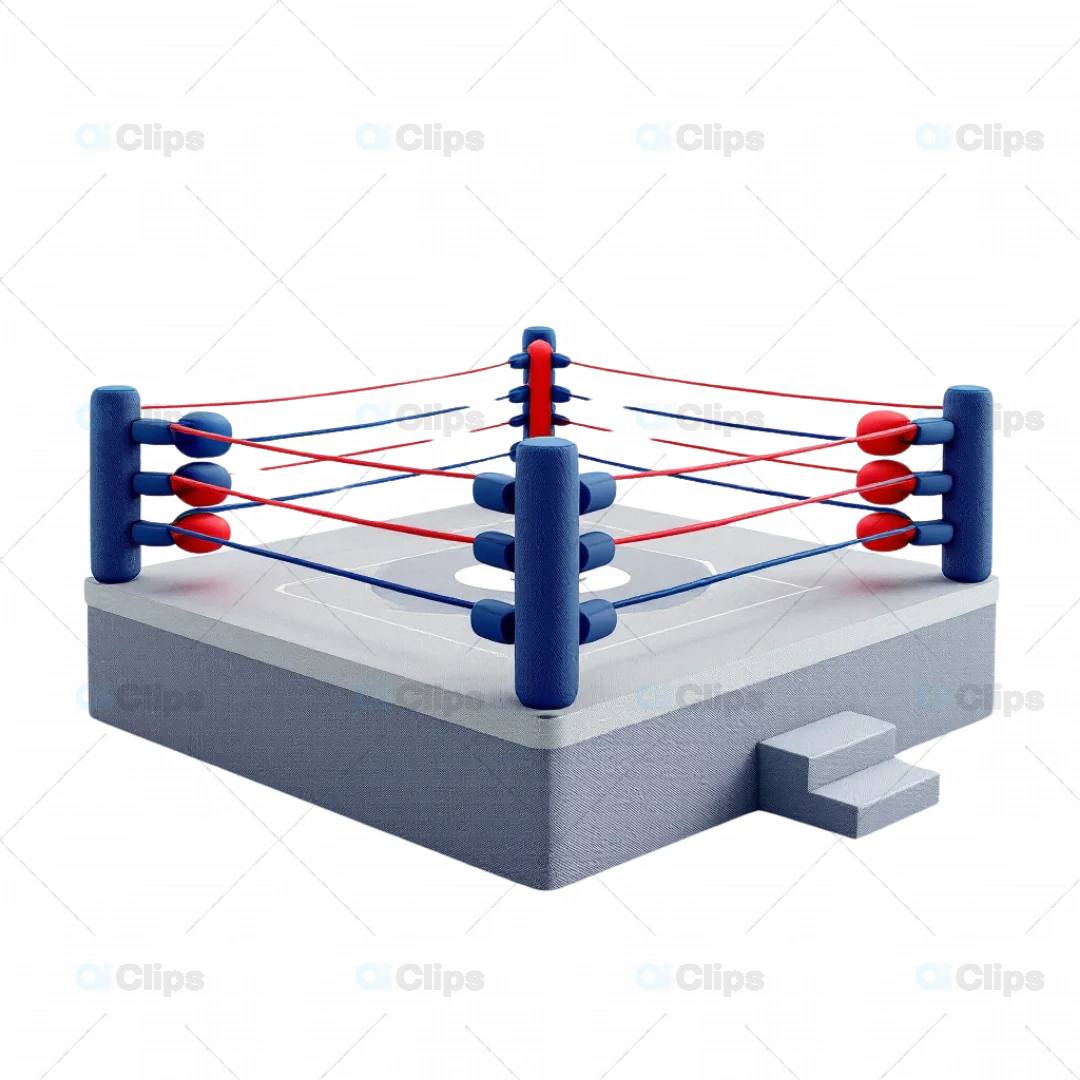 3D Boxing Ring with Red and Blue Ropes and Padded Corner Posts