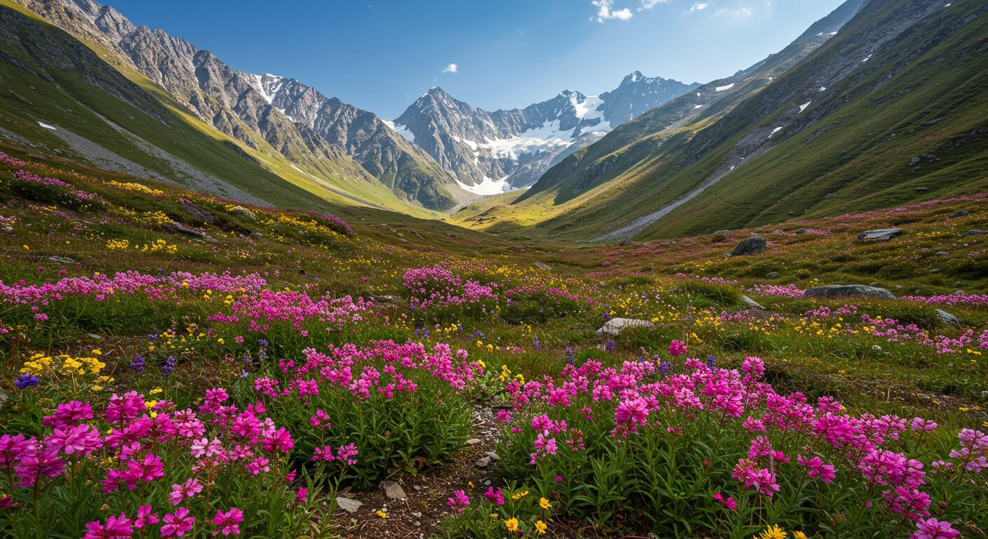 Colorful Himalayan Valley with Wildflowers and Snowy Peaks