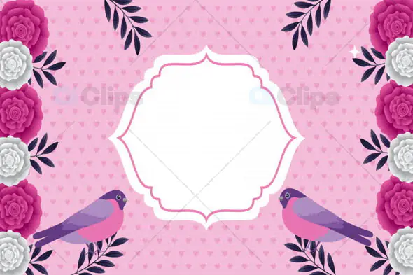 Romantic Floral Frame with Birds on Pink Background