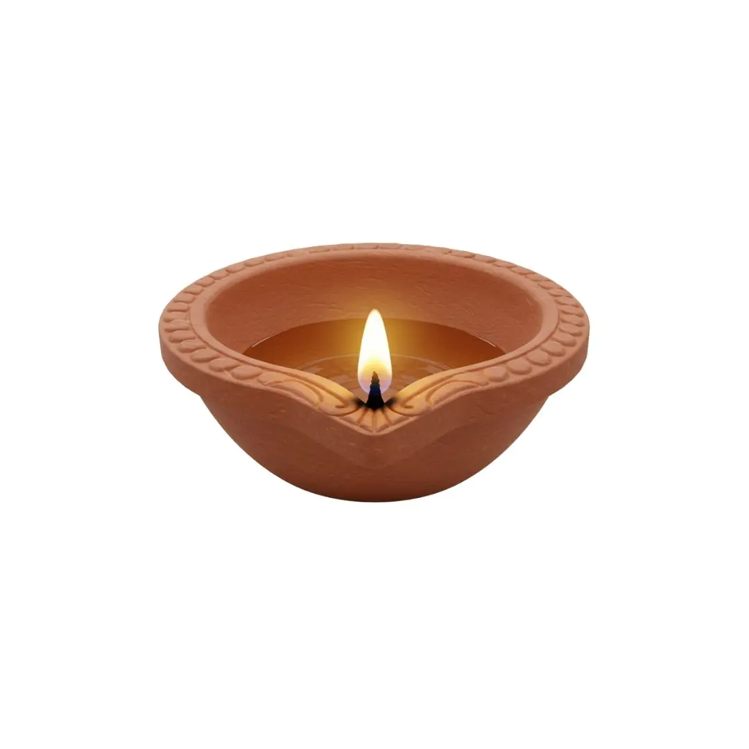 Terracotta diya lamp with glowing flame 3D model