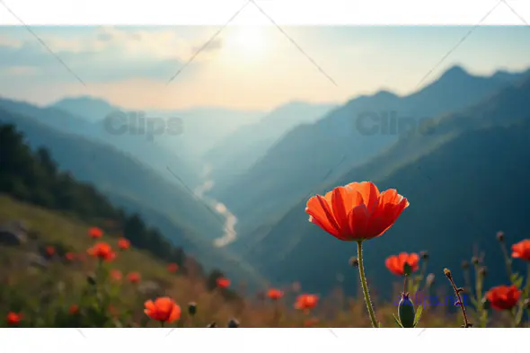 Red Poppy in Mountain Landscape