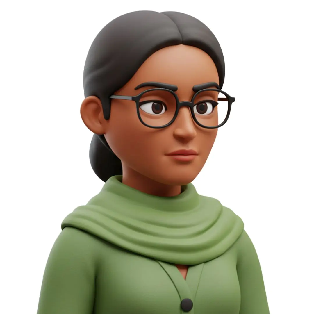 3D avatar woman green outfit glasses realistic portrait