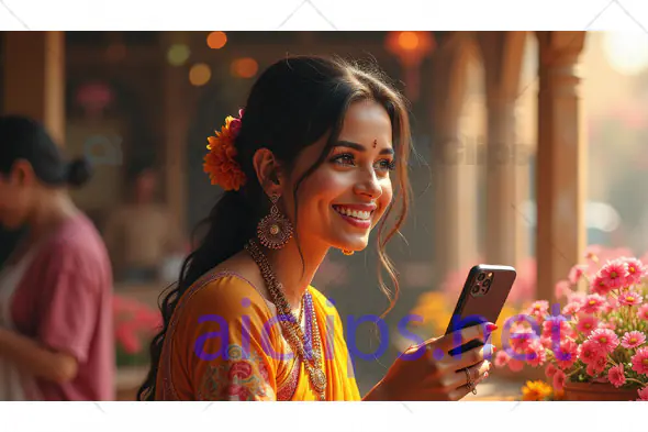 Joyful Woman in Traditional Attire Using Smartphone