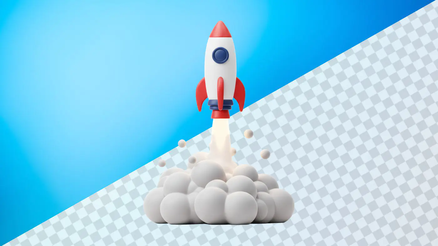 Cartoon rocket launching with smoke on blue background