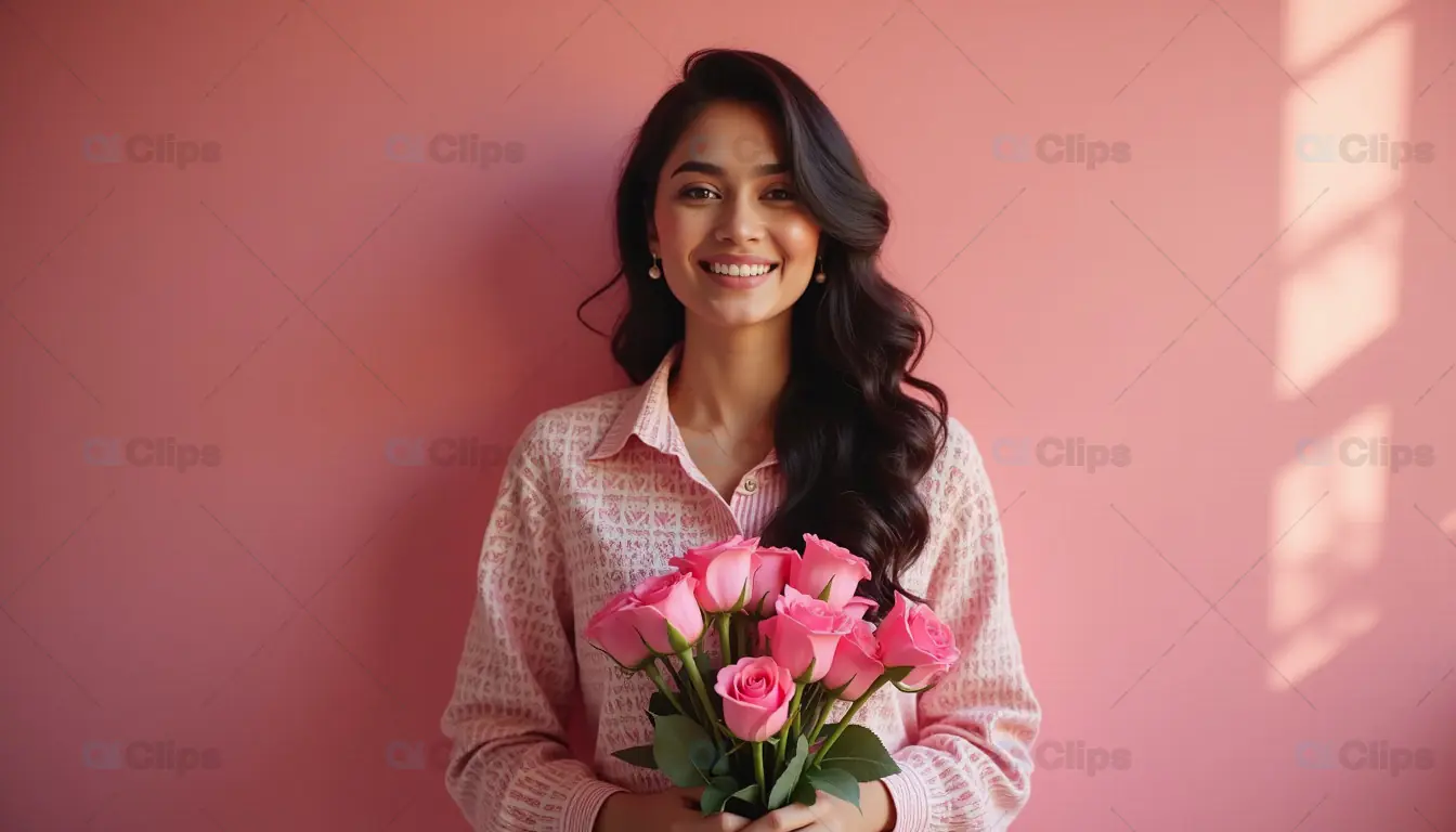 Woman Holding Pink Roses Smiling