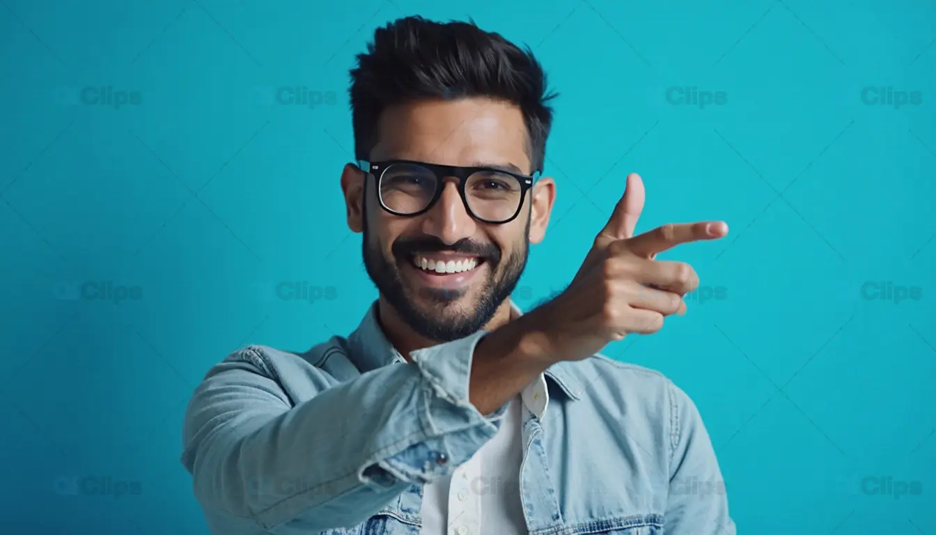 Smiling Man Pointing with Confidence