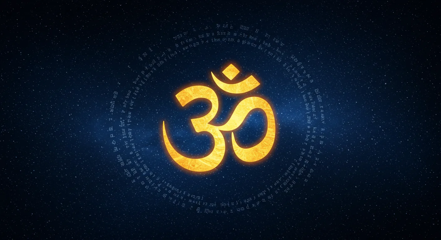 Golden Om Surrounded by Sanskrit Mantras in Space | AIClips Sacred Design