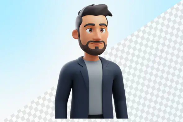 expert-level bearded man 3D avatar navy blazer gray