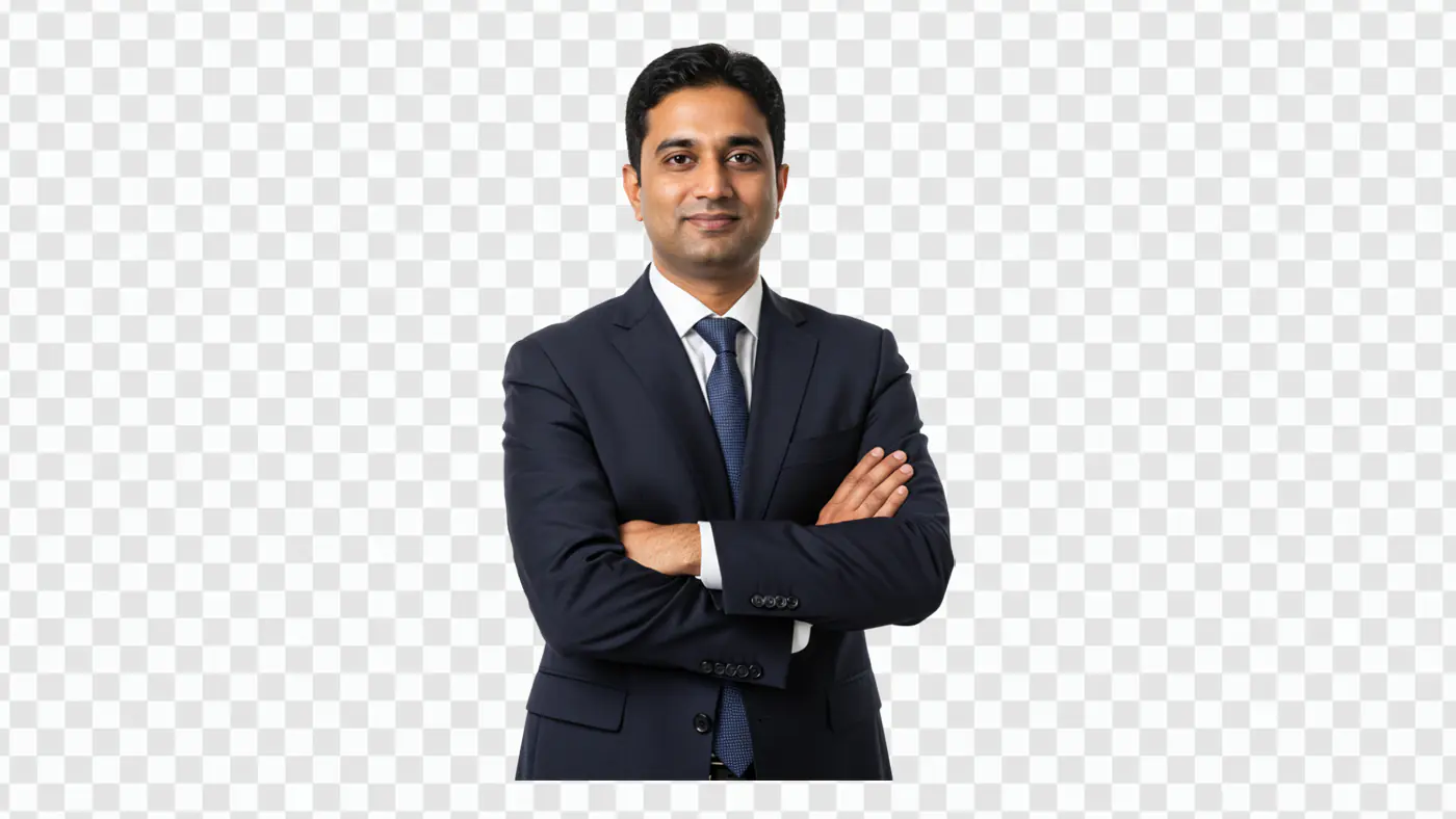 Confident South Asian Executive in Navy Suit PNG