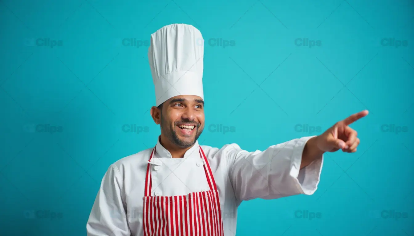 Happy Chef in Uniform Pointing Forward