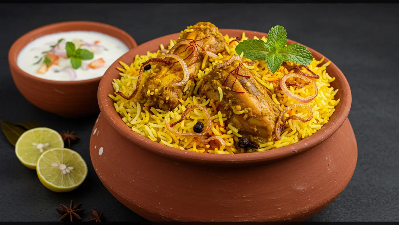 Authentic Chicken Biryani in Clay Handi with Raita | Indian Cuisine Visual | AIClips