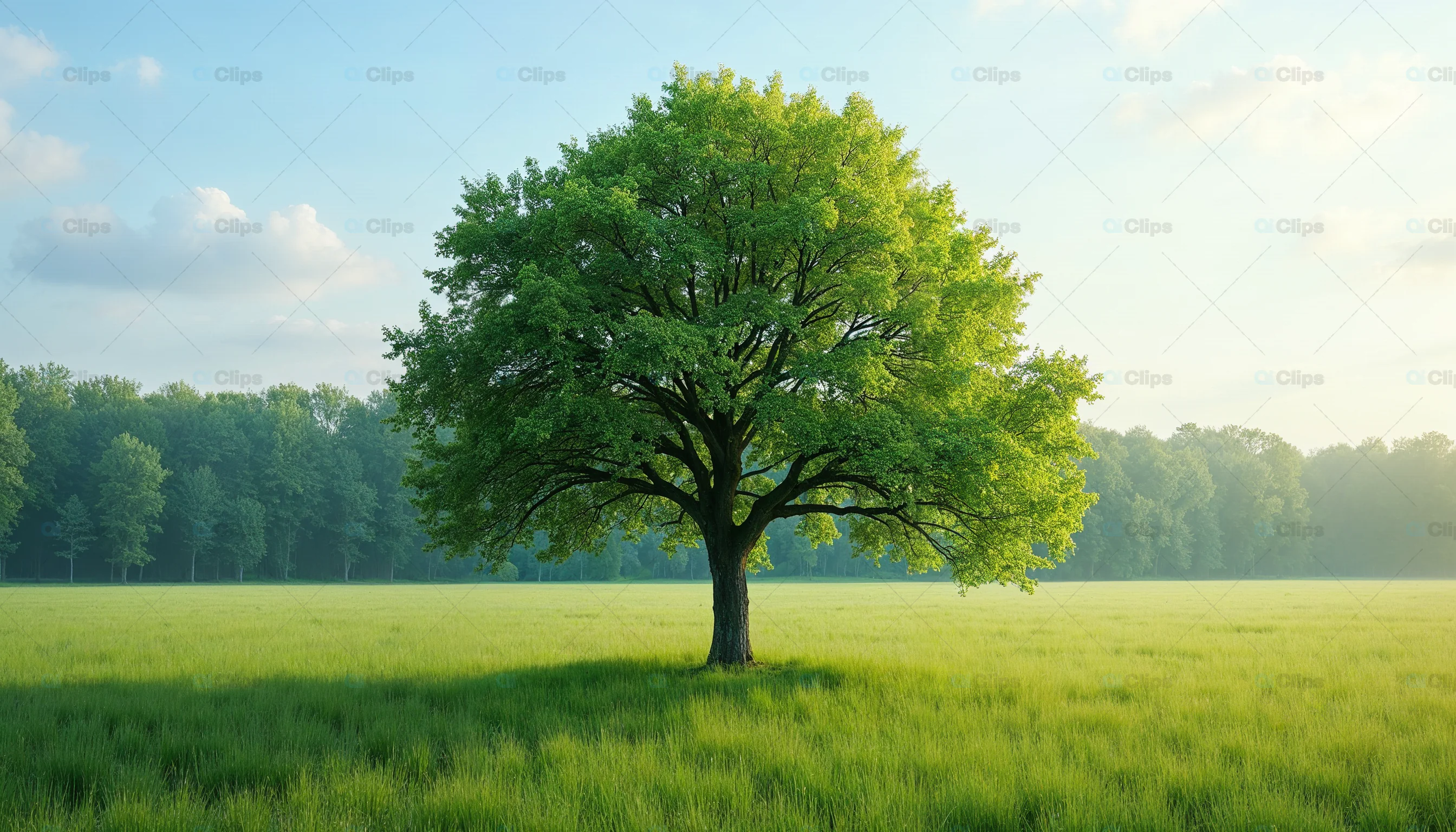 Lone Oak Tree in Sunlit Field