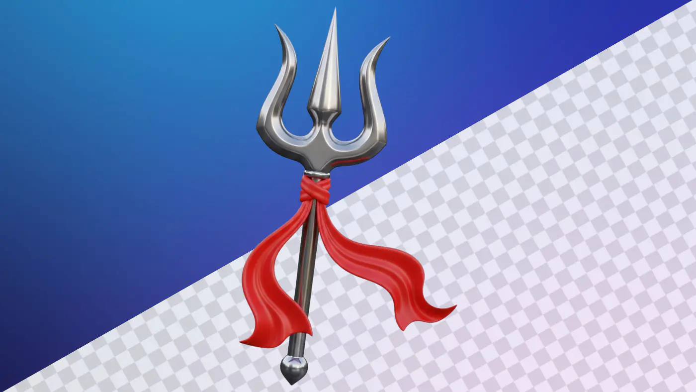 Metallic trident with flowing red ribbon decoration