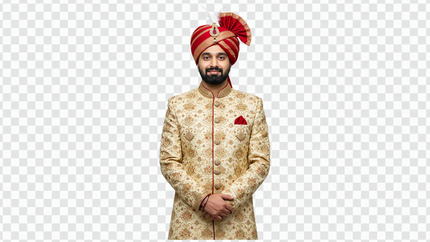 Regal Indian Groom in Golden Sherwani PNG Clipart