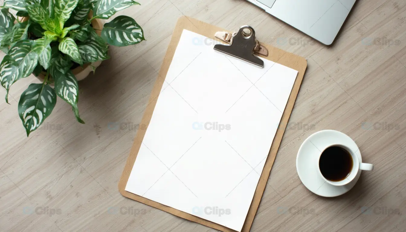 Clipboard with Blank Paper, Coffee, and Plant