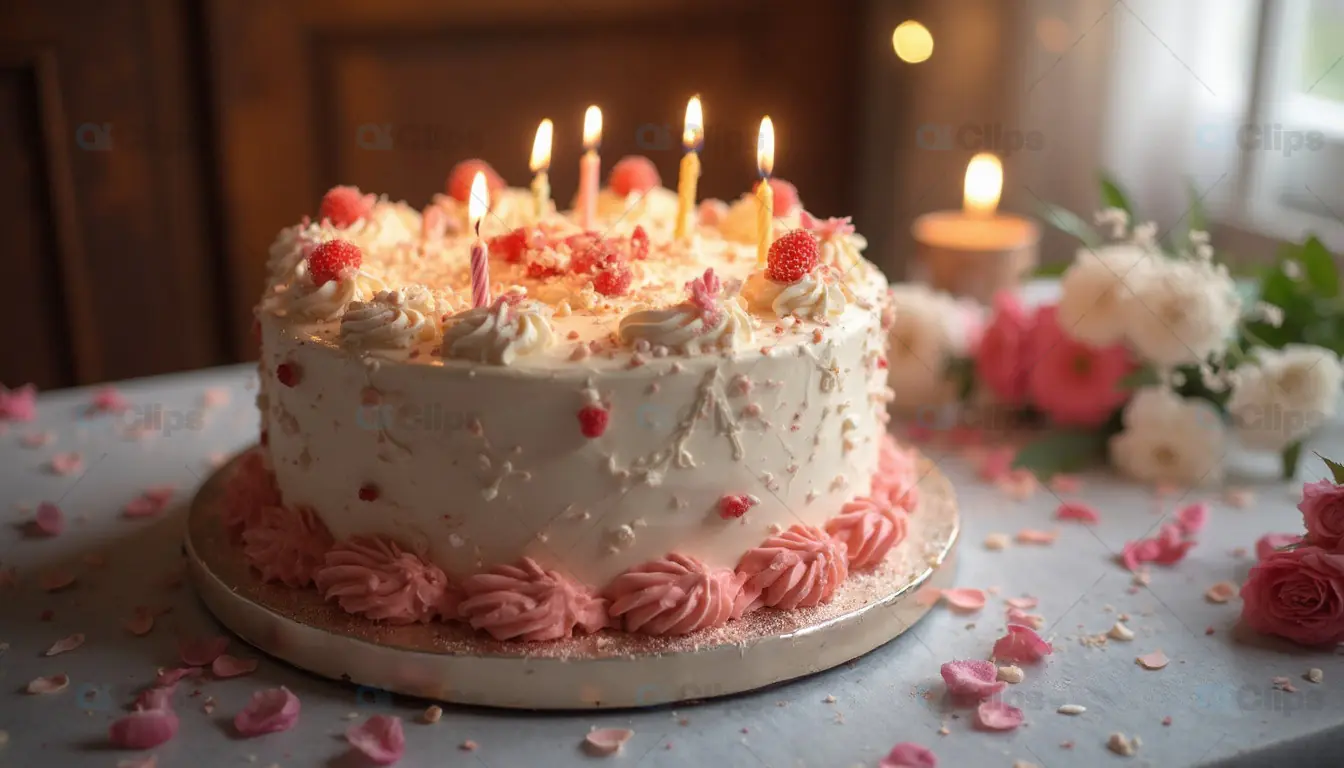 Elegant Birthday Cake with Pink Floral Decorations
