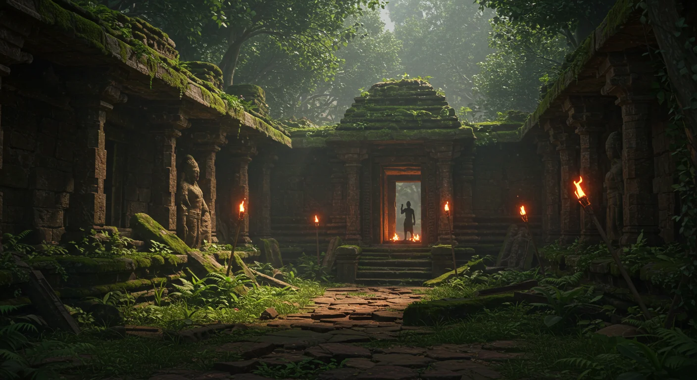Ancient Jungle Temple Ruins with Fire Torches and Mysterious Figure