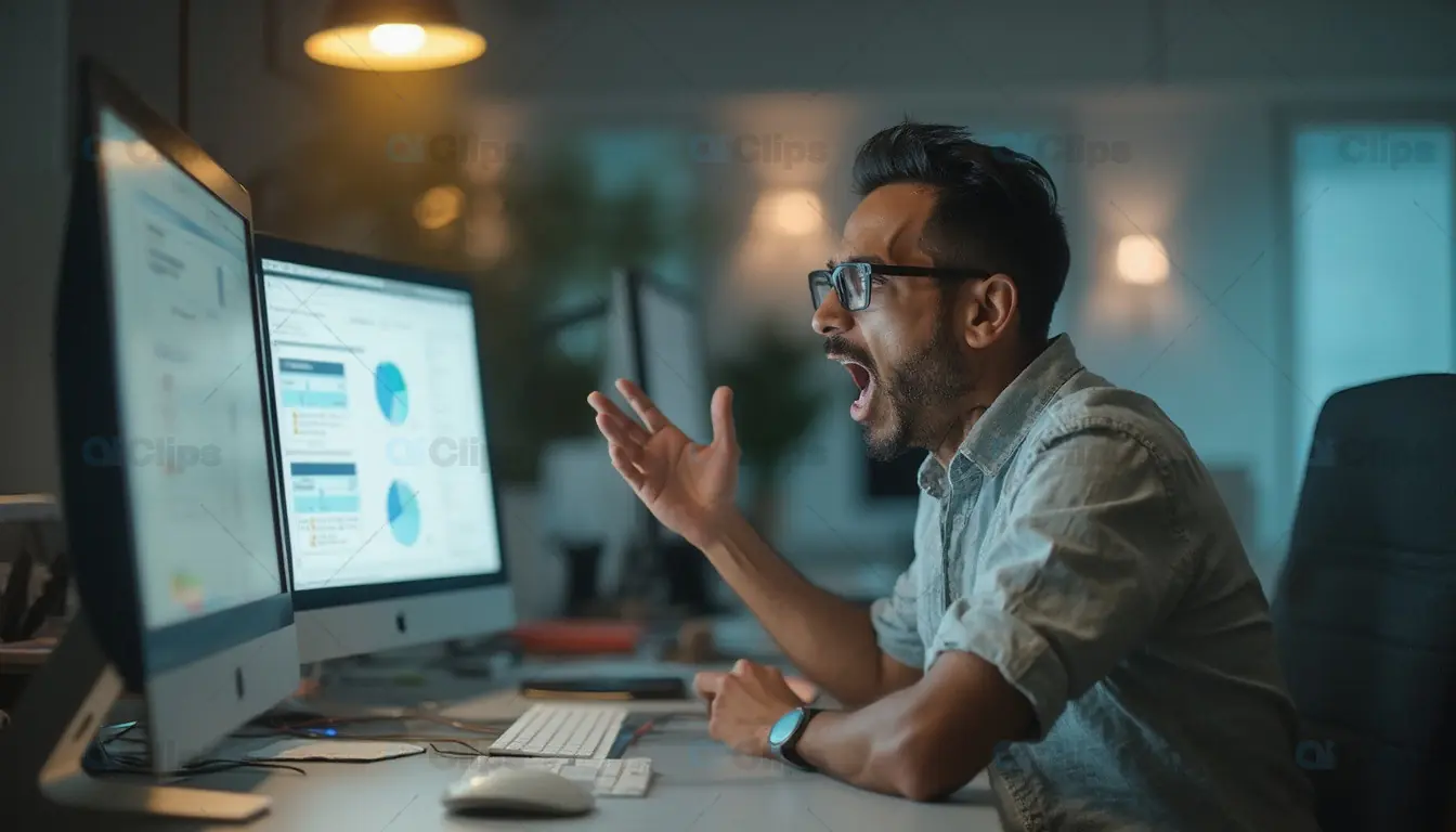 Frustrated Man Working Late in Office