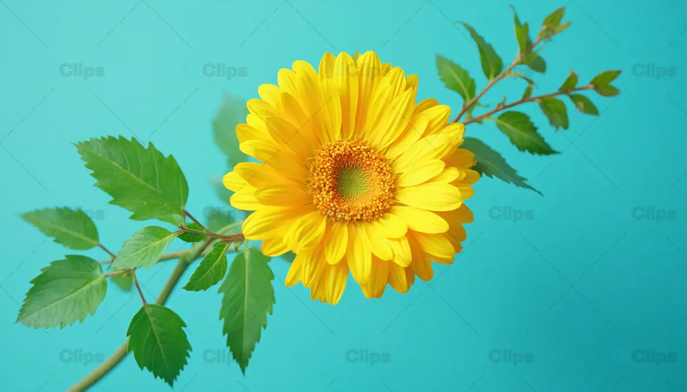 Yellow Flower with Green Leaves on Teal Background