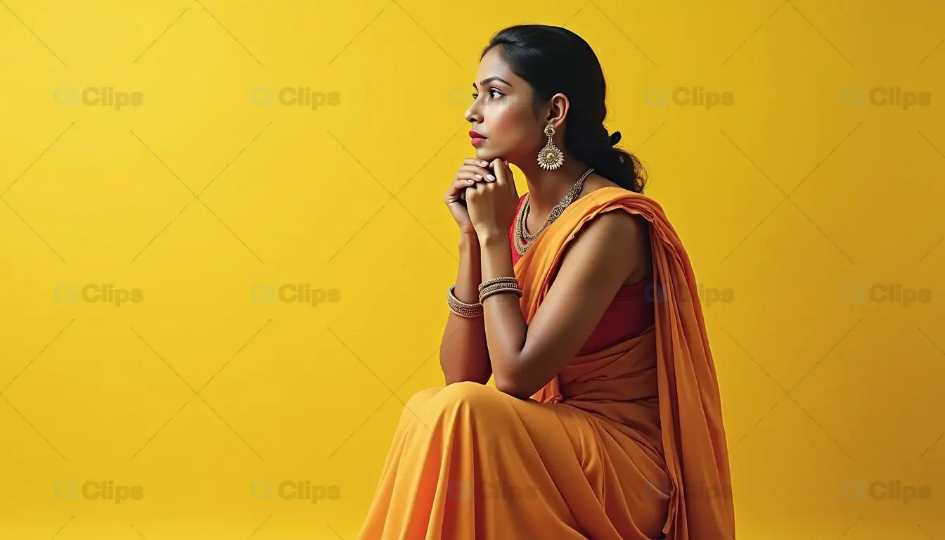Elegant Woman in Traditional Yellow Saree Posing Against Yellow Background