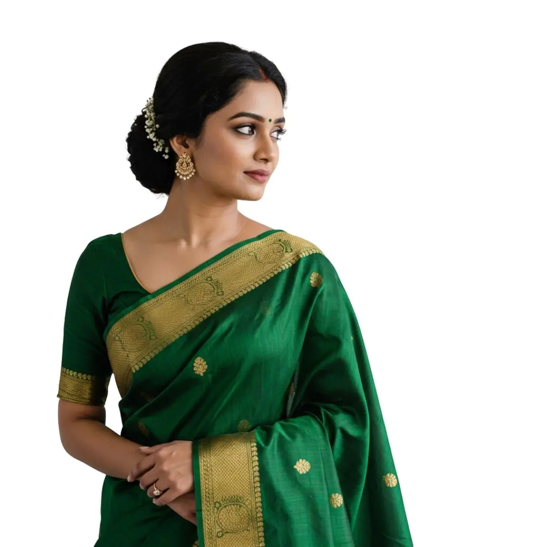Elegant Woman in Emerald Green Silk Saree PNG