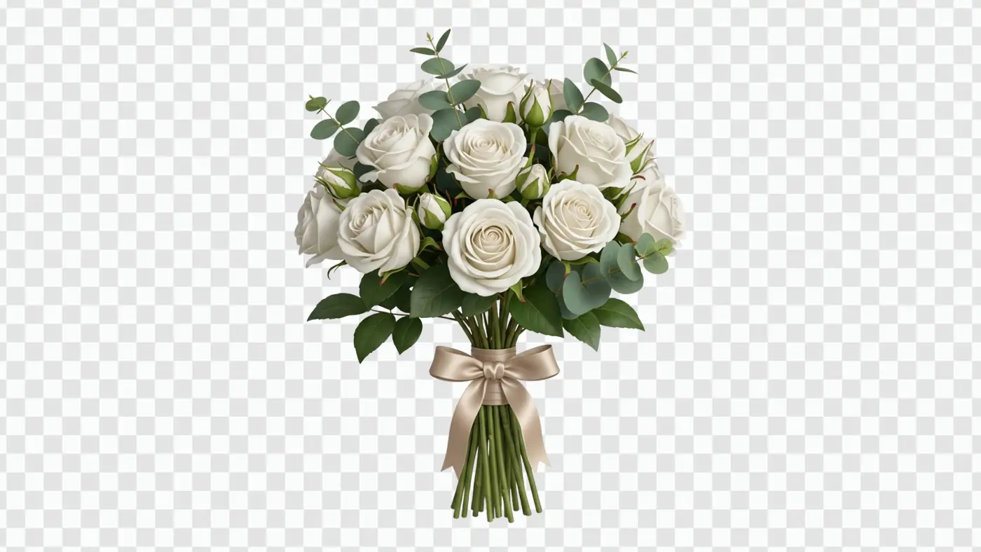 Elegant White Rose Bouquet with Ribbon Bow PNG