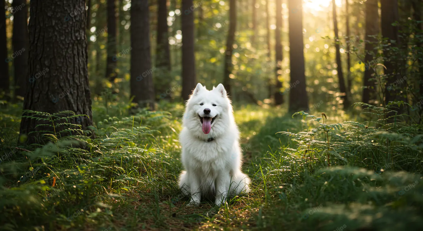 Joyful Samoyed in Sunlit Forest