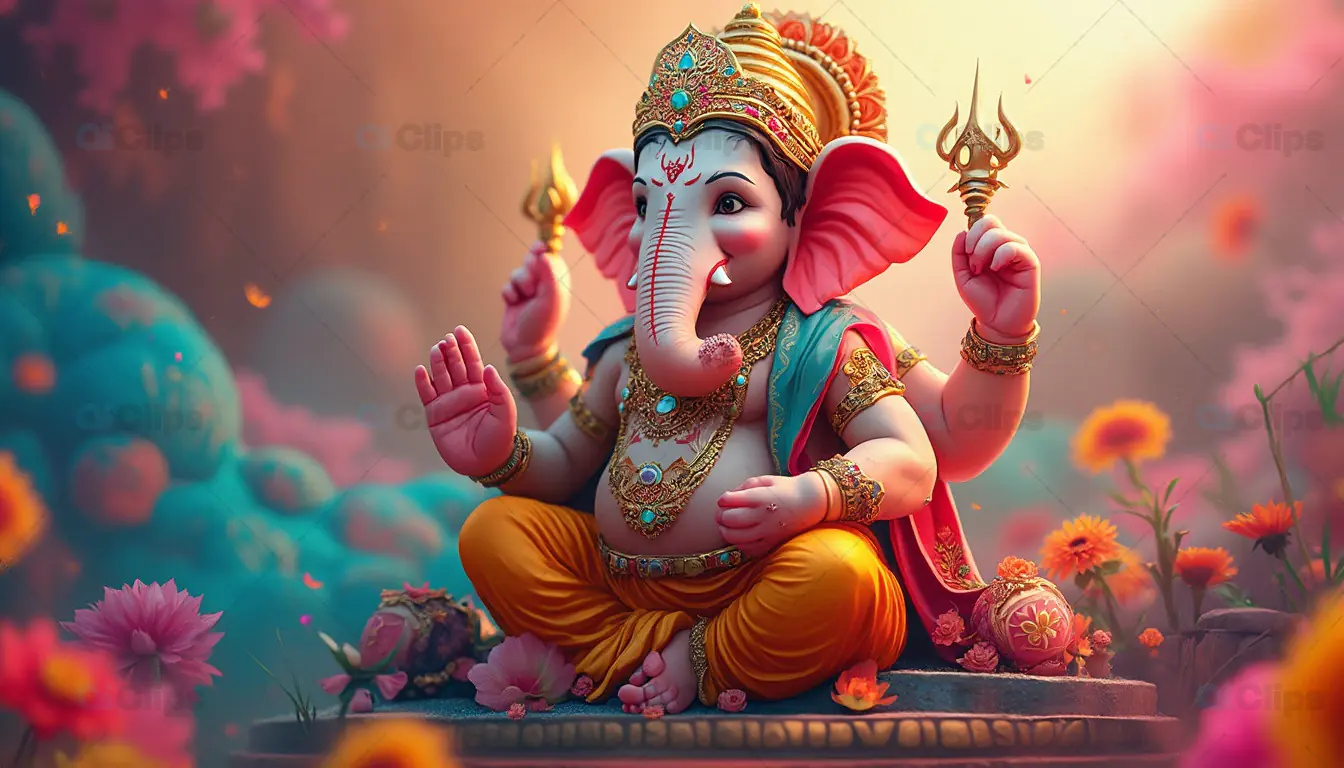 Divine Lord Ganesha in Vibrant Floral Setting