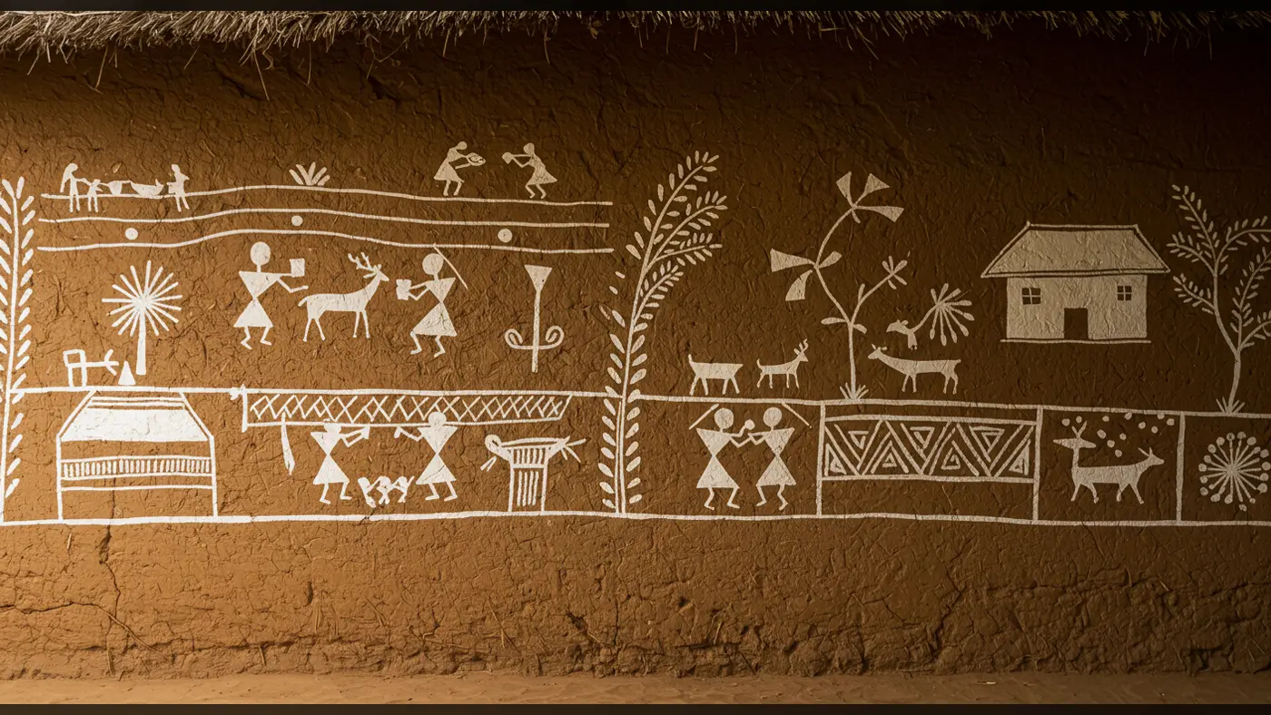 Tribal Warli Art on Village Wall | Authentic Indian Folk Culture by AIClips