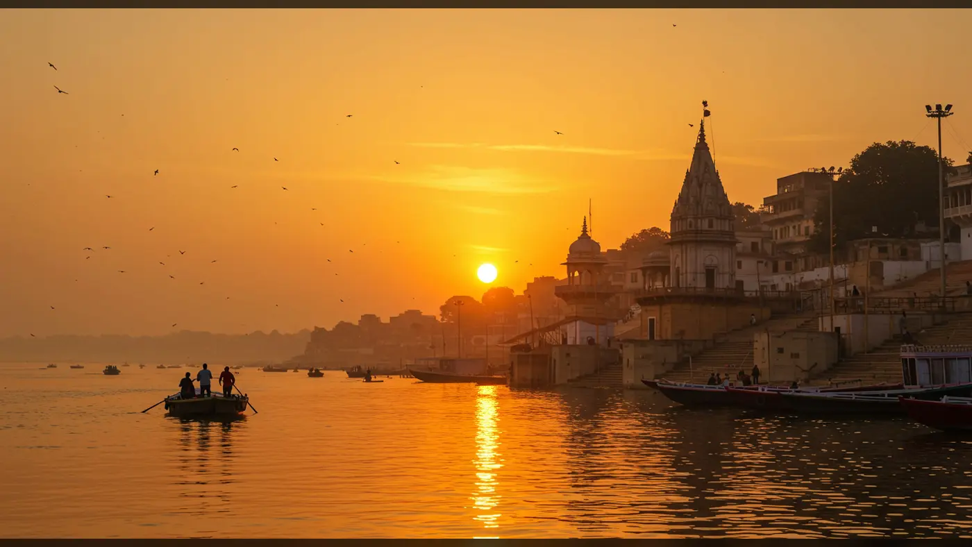Golden Sunrise Over Varanasi Ghats with Boat on the Ganges