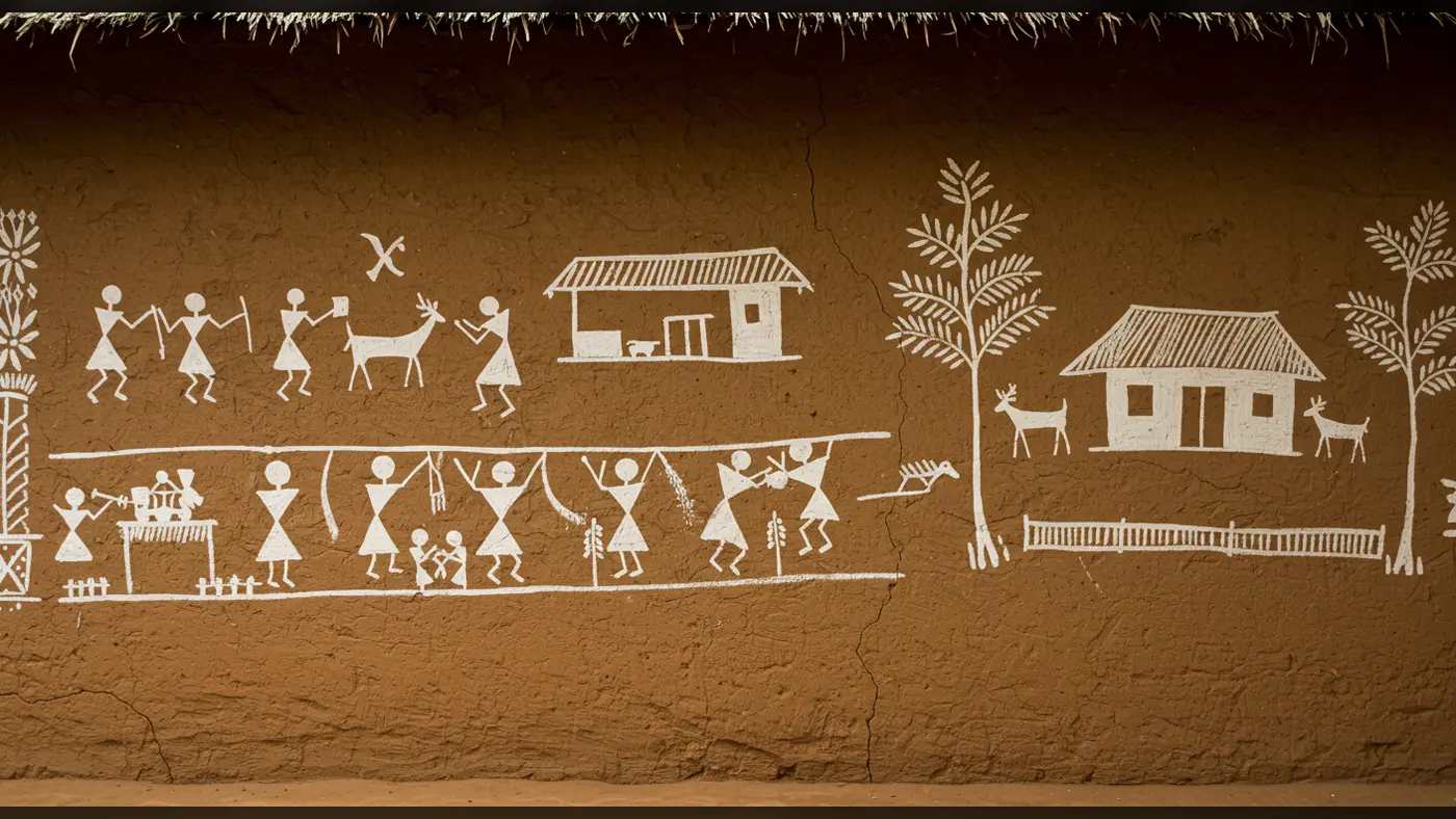 Rural Warli Wall Art Depiction | Tribal Life Illustration from AIClips