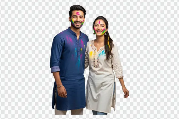 Joyful Young Indian Couple with Holi Colors PNG