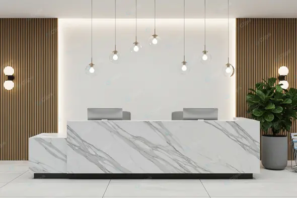 Marble Reception Desk with Pendant Lights