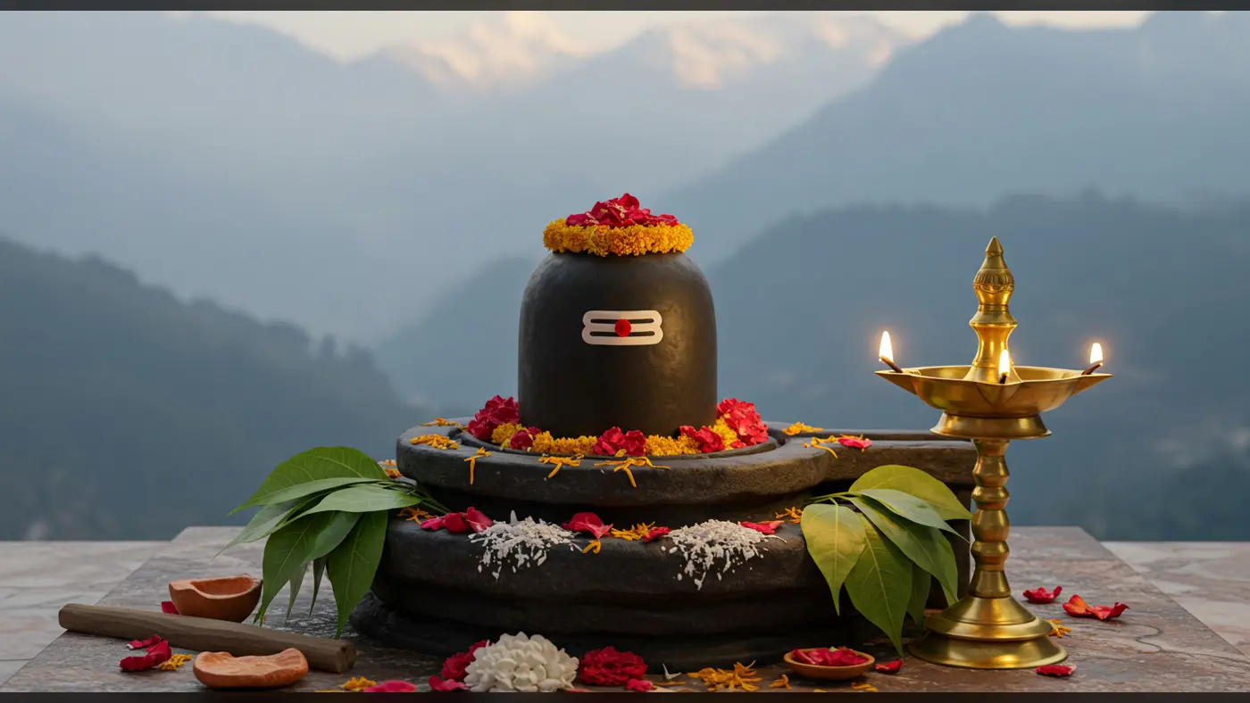Sacred Shiva Lingam Worship with Himalaya Backdrop | AIClips Indian Spiritual Stock