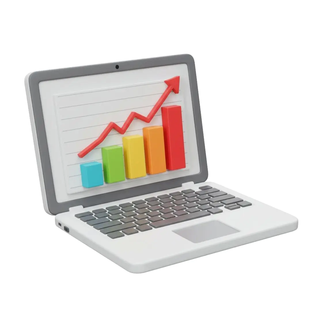 Laptop displaying colorful growth chart with upward arrow