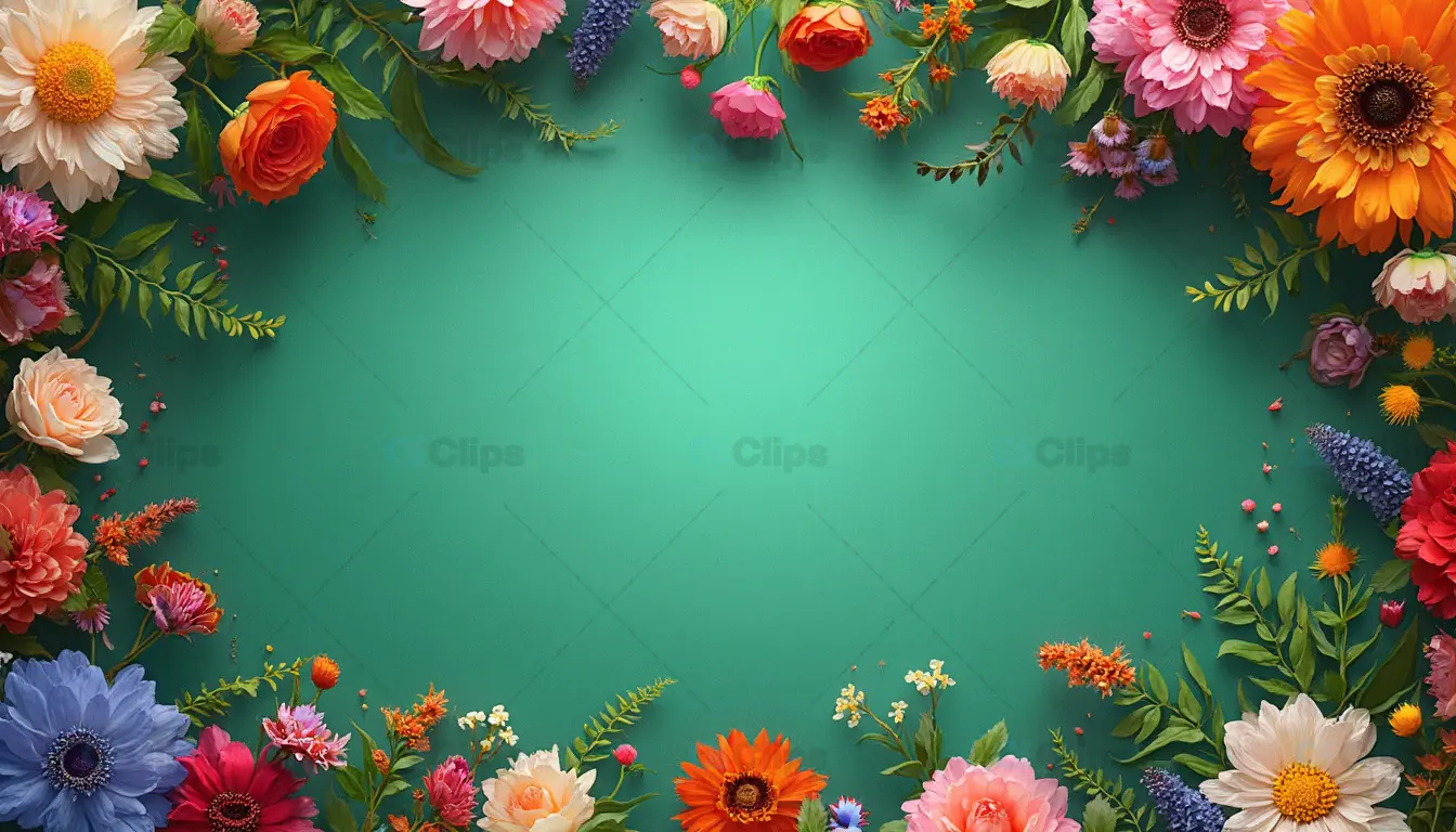 Colorful Floral Border with Green Background