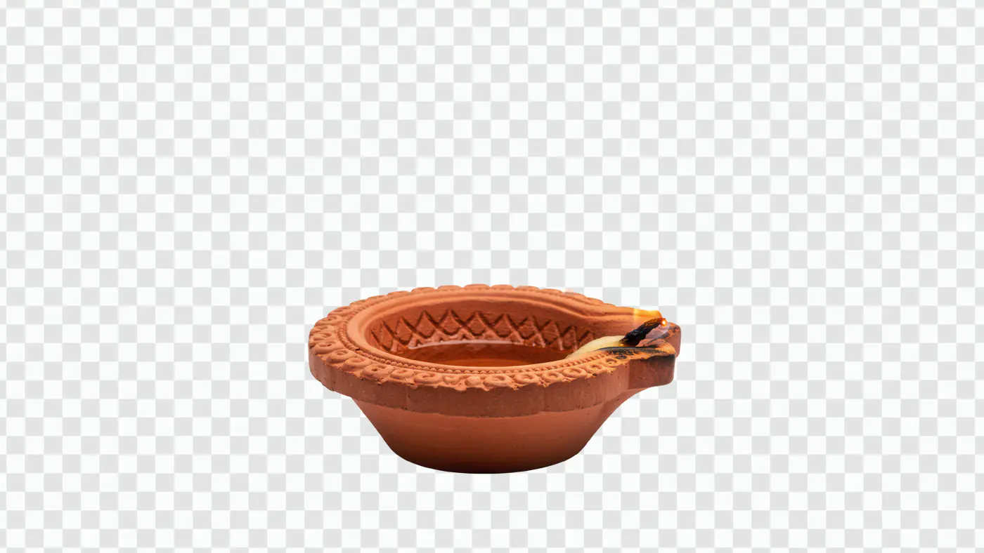 Traditional Terracotta Oil Lamp with Decorative Rim PNG