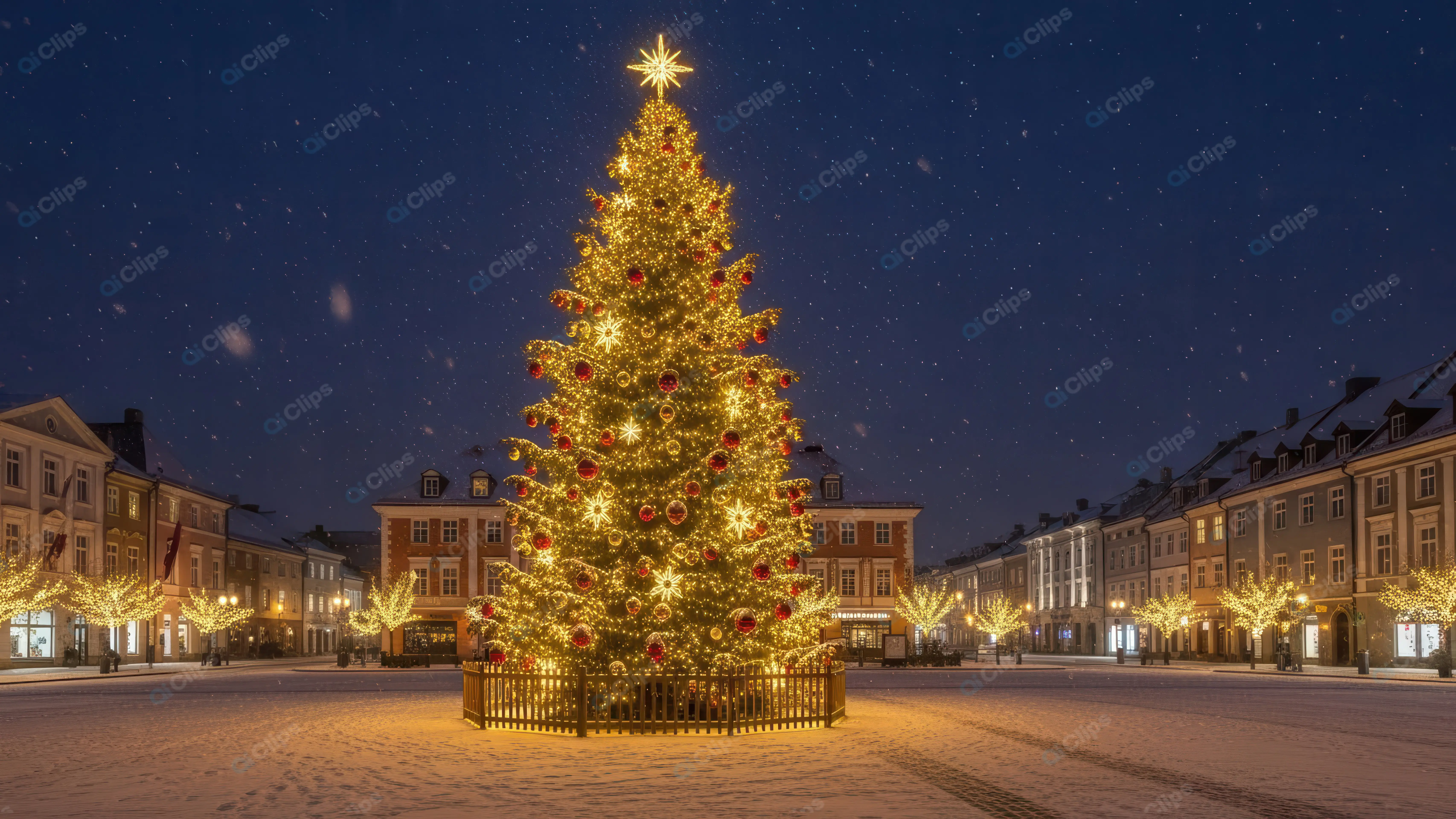 Magical Christmas Night in a Snowy Town Square