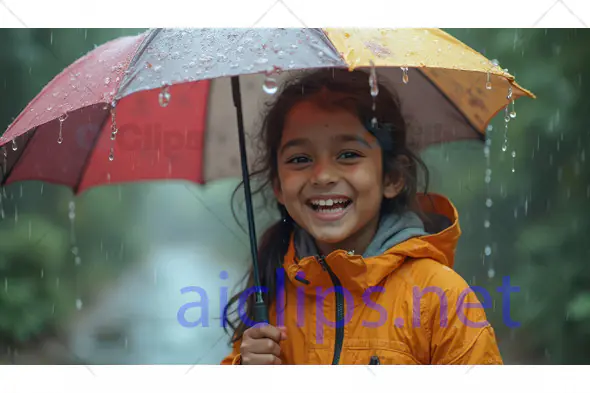 Happy Girl with Umbrella in Rain