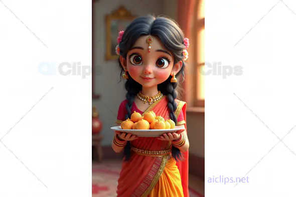 Cute 3D Cartoon Girl in Traditional Attire Holding a Plate of Sweets