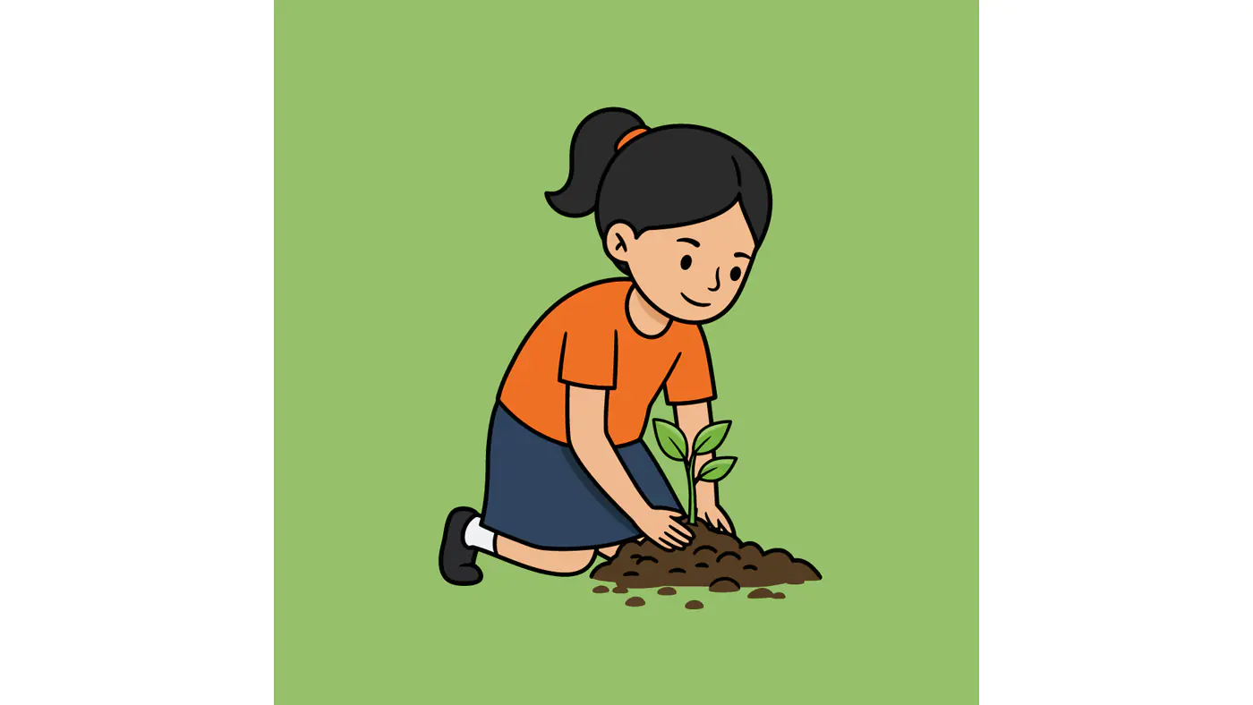 Young Girl Planting Seedling Vector