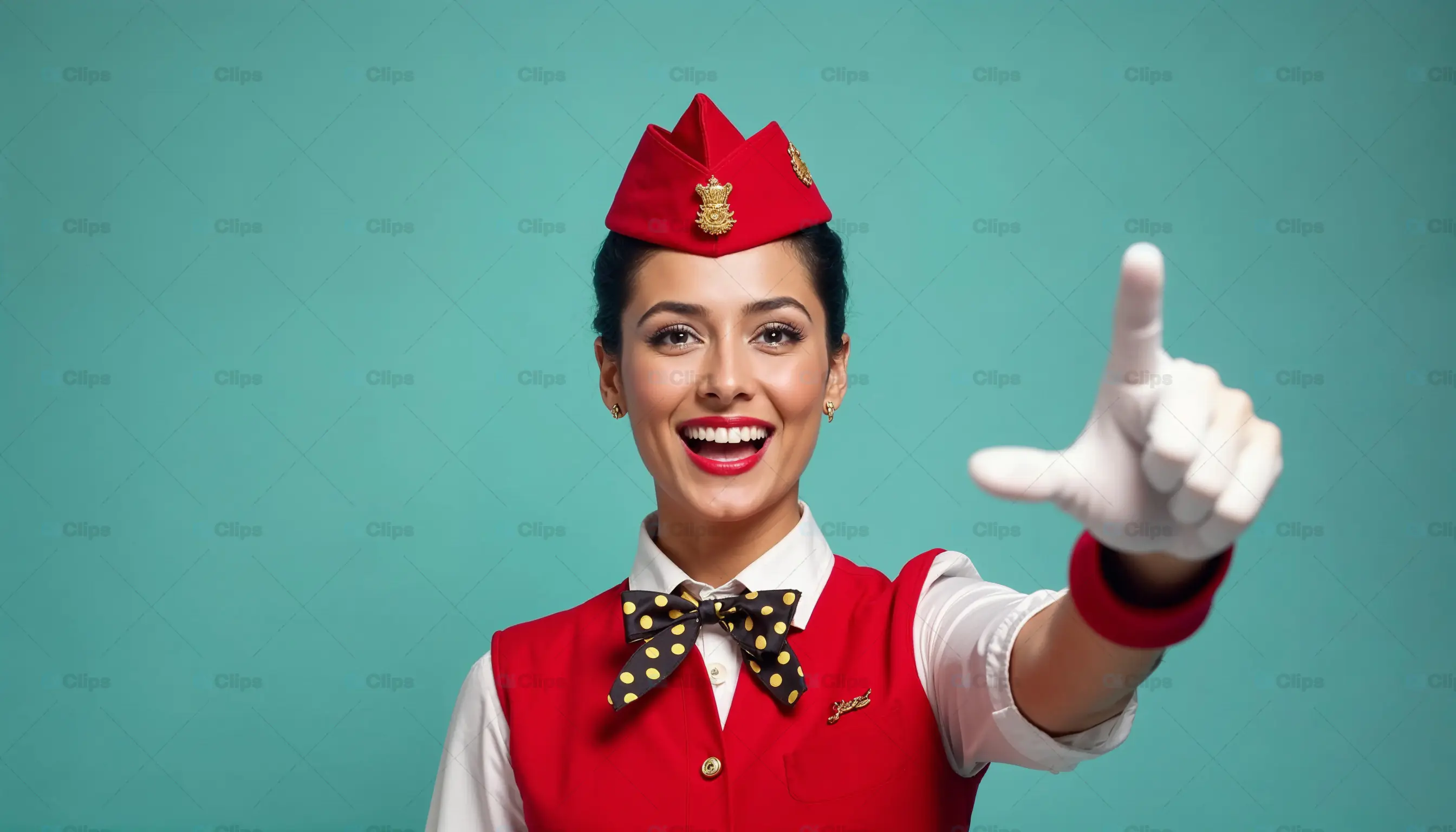 Smiling Female Attendant in Red Uniform Pointing Forward