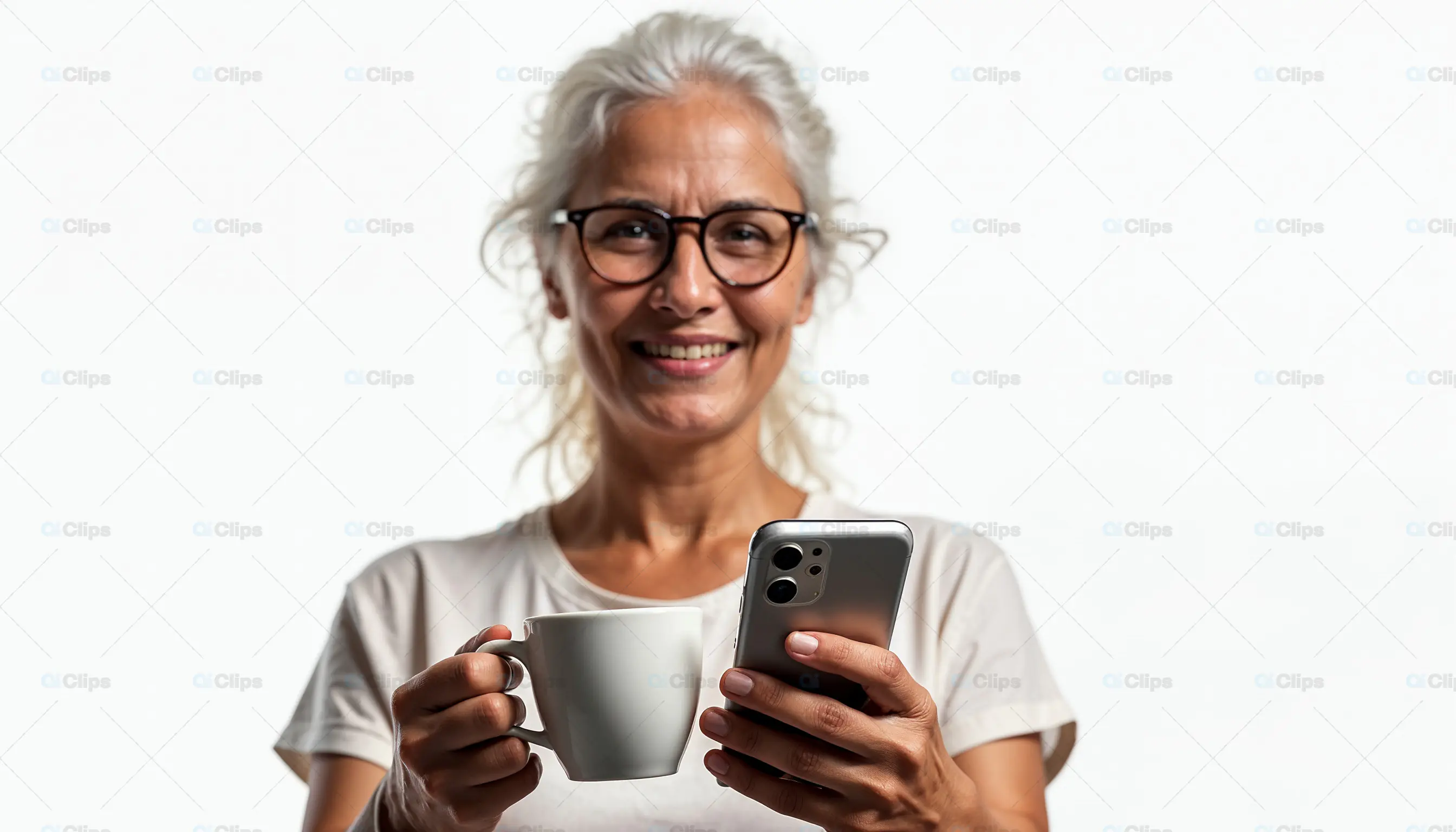 Smiling Elderly Woman with Coffee and Smartphone