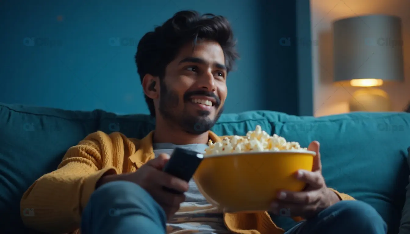 Young Man Watching TV with Popcorn
